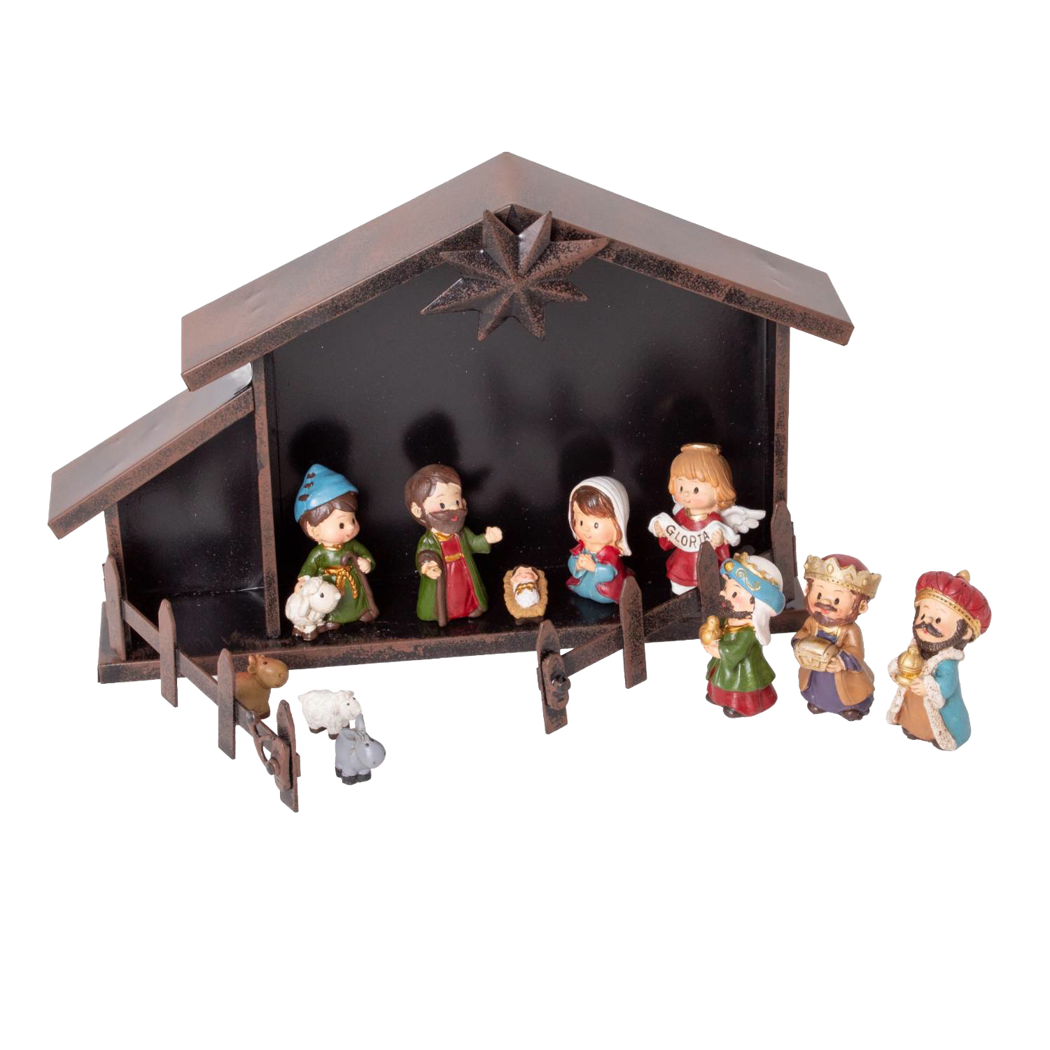 Small 11-piece nativity scene with metal creche and colorful figurines for Christmas and Nativity Scenes collections