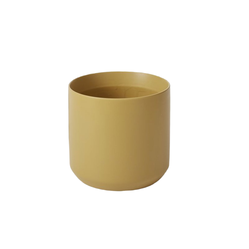 Ochre-colored cylindrical ceramic pot with smooth matte finish for indoor decorative use