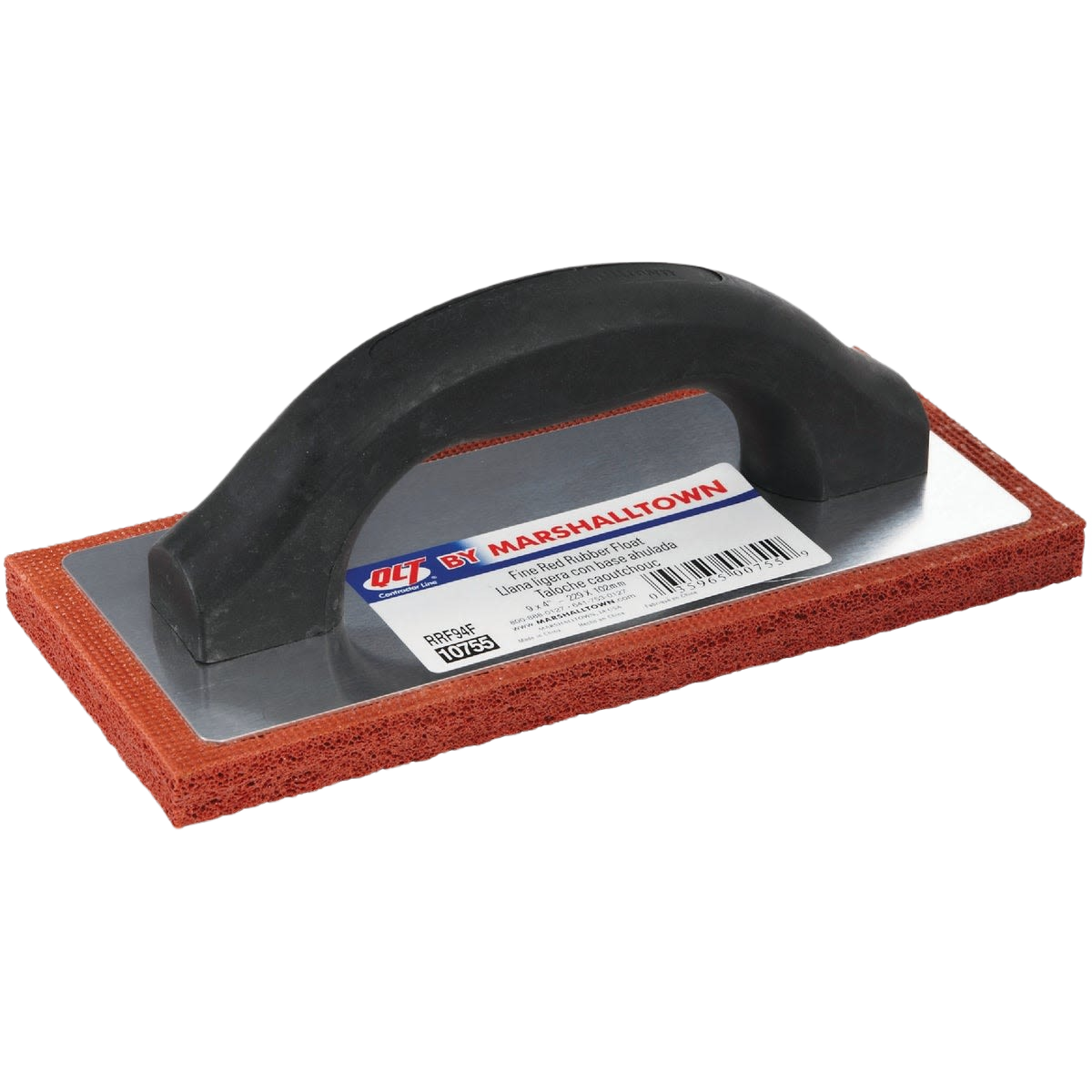 Rubber float with black ergonomic handle and red textured base for smoothing and finishing concrete surfaces in home improvement tasks