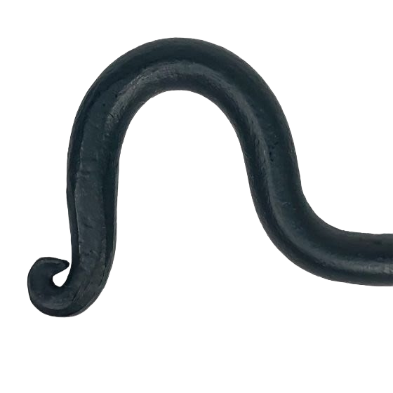 Close-up of hand-forged matte black iron hook from a 3-inch cabinet latch in hardware and home improvement collections under $50