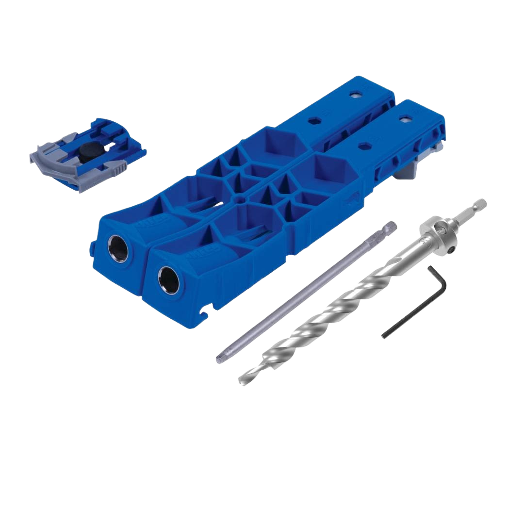 Blue woodworking jig with hardened-steel drill guides and included drill bits for home improvement projects under $100