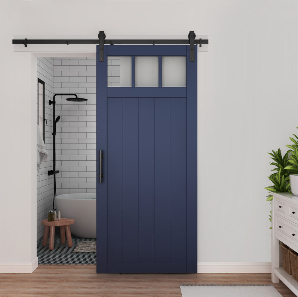 Matte black metal sliding barn door hardware kit installed with blue classic interior door for home improvement collections