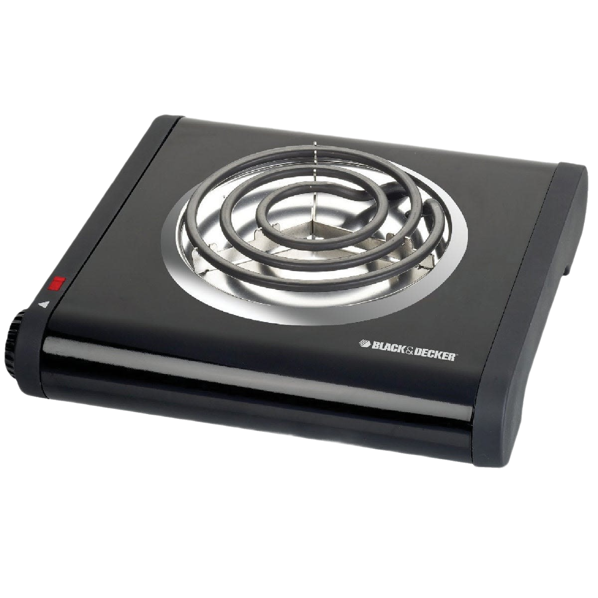 Black and silver single coil portable burner with Black & Decker logo for compact home improvement cooking tasks