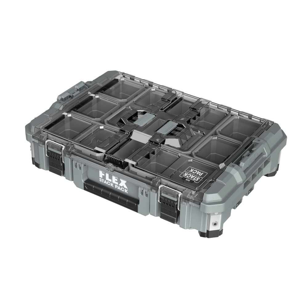 Gray and clear interlocking storage box with multiple compartments and secure latches, designed for organizing bolts, screws, and small supplies in workshop tool storage.