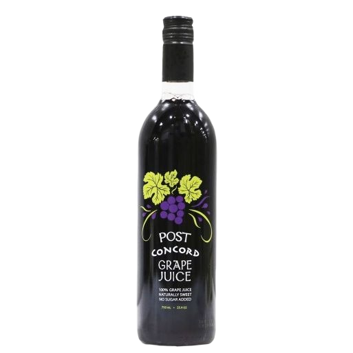 Dark glass bottle of grape juice with purple grape and green leaf artwork in drinks and food collections under $50