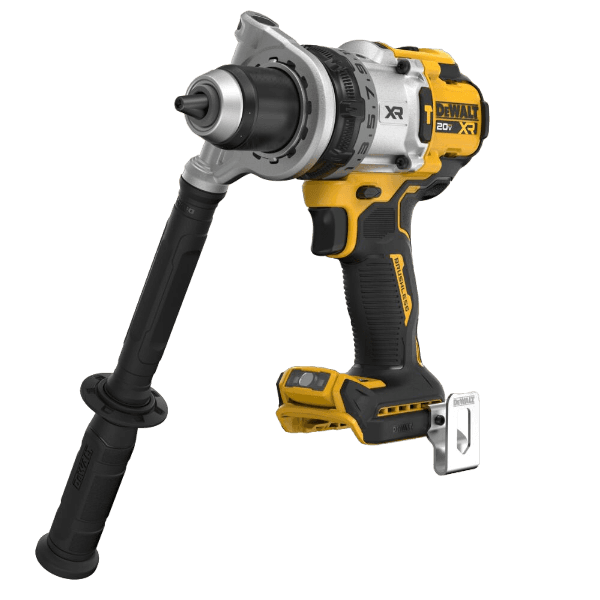 Compact yellow and black cordless hammer drill with ergonomic grip and side handle for home improvement tasks