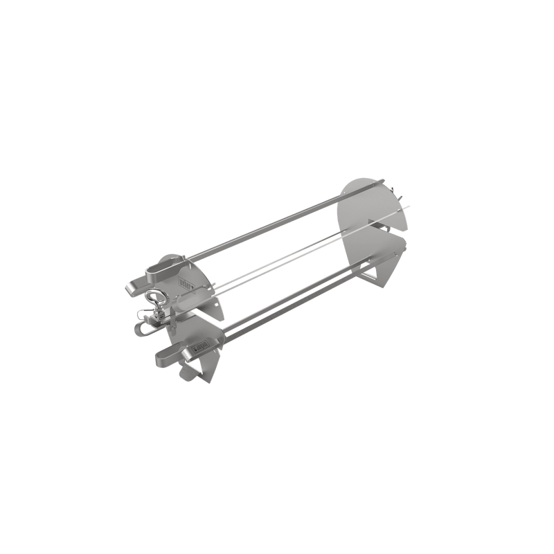 Stainless steel rotisserie skewer frame with clamps for securing food during grilling and cooking tasks