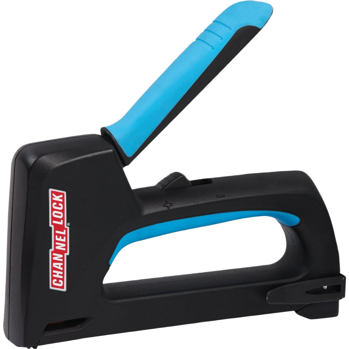 Black and blue staple gun with ergonomic handle for tools and home improvement projects