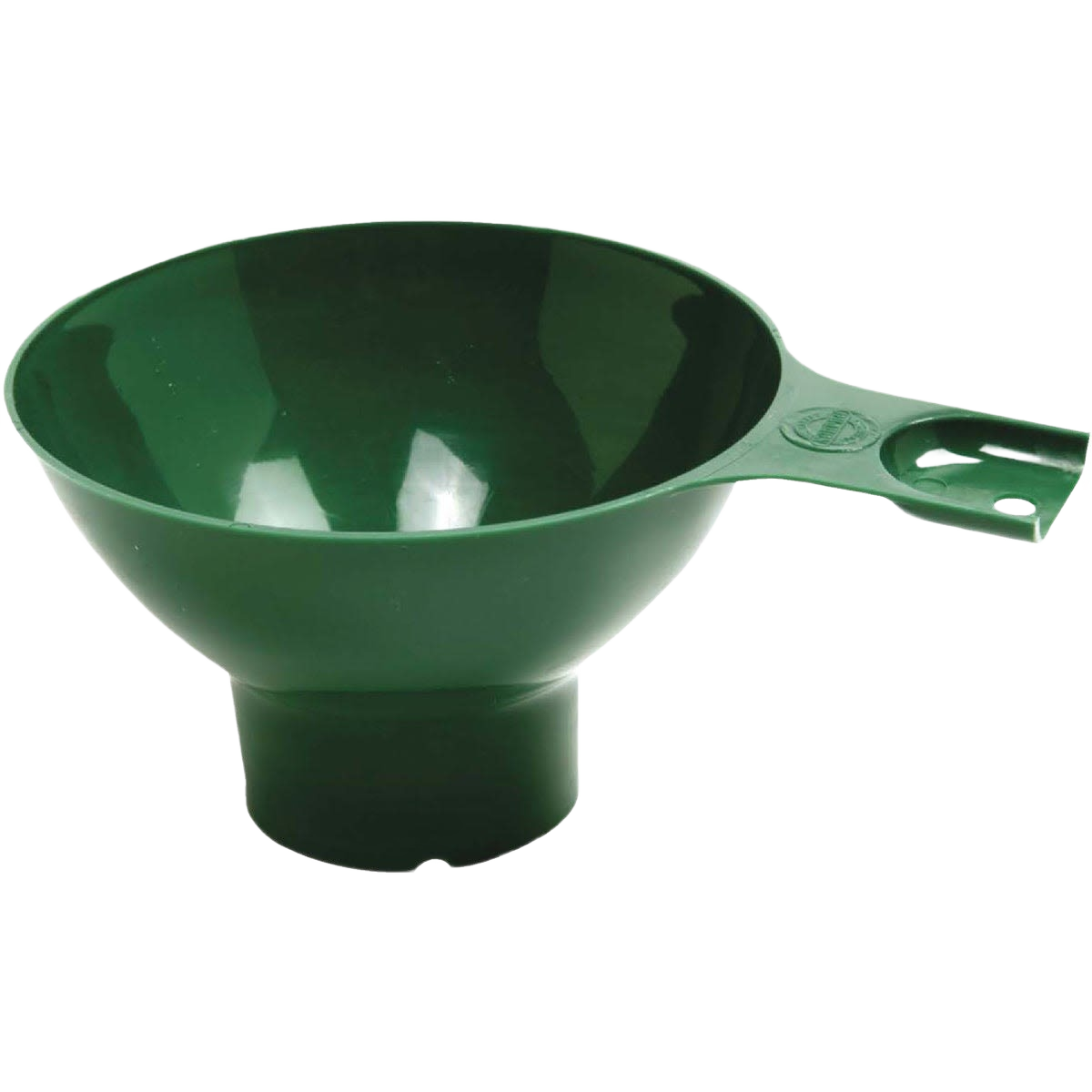Green plastic funnel with handle and wide mouth for kitchen and home improvement use