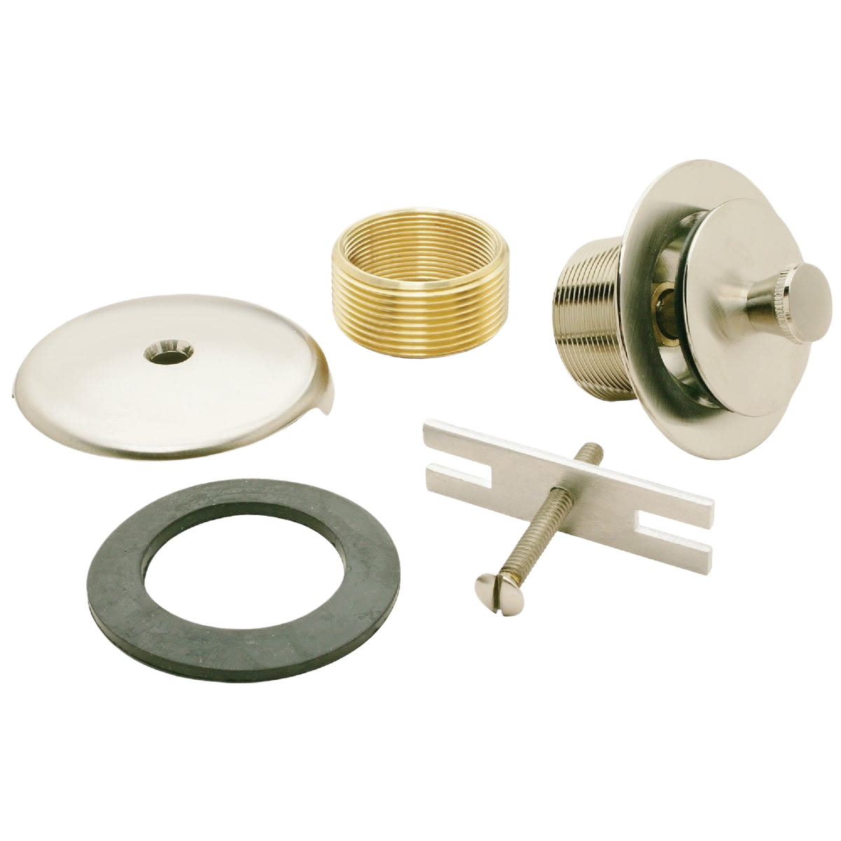 Brushed nickel roller ball bath drain trim kit with faceplate, mounting hardware, and rubber seal for plumbing repair collections