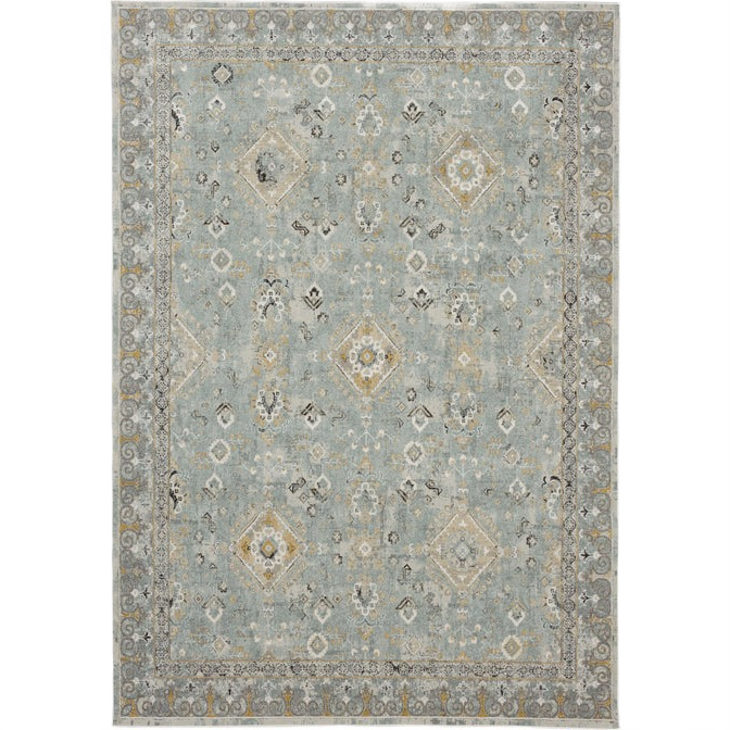 Ornamental blue area rug with gray, beige, and terracotta accents for home decor and flooring use