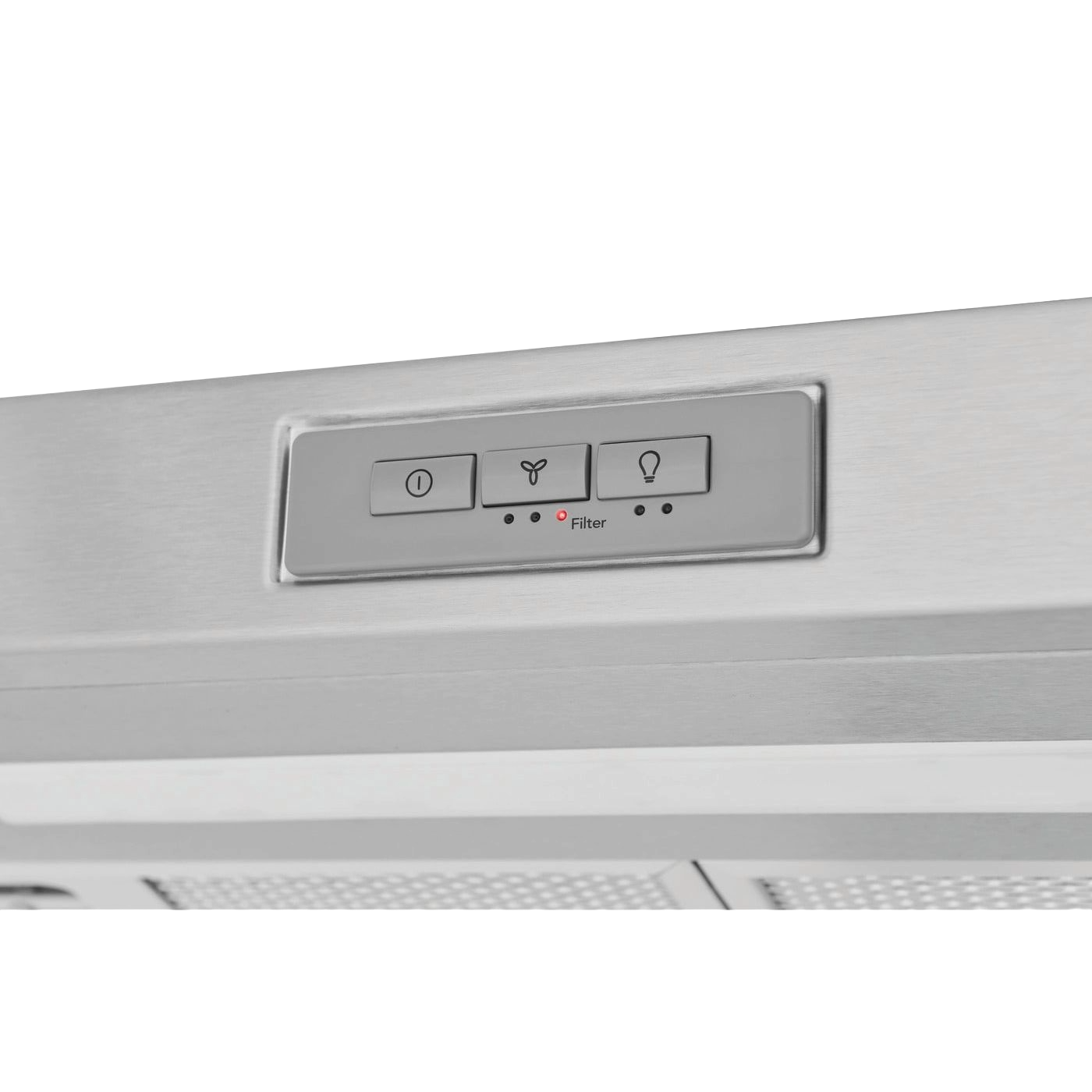 Close-up of brushed stainless steel ventilation hood control panel with power, fan, light buttons, and filter indicator light