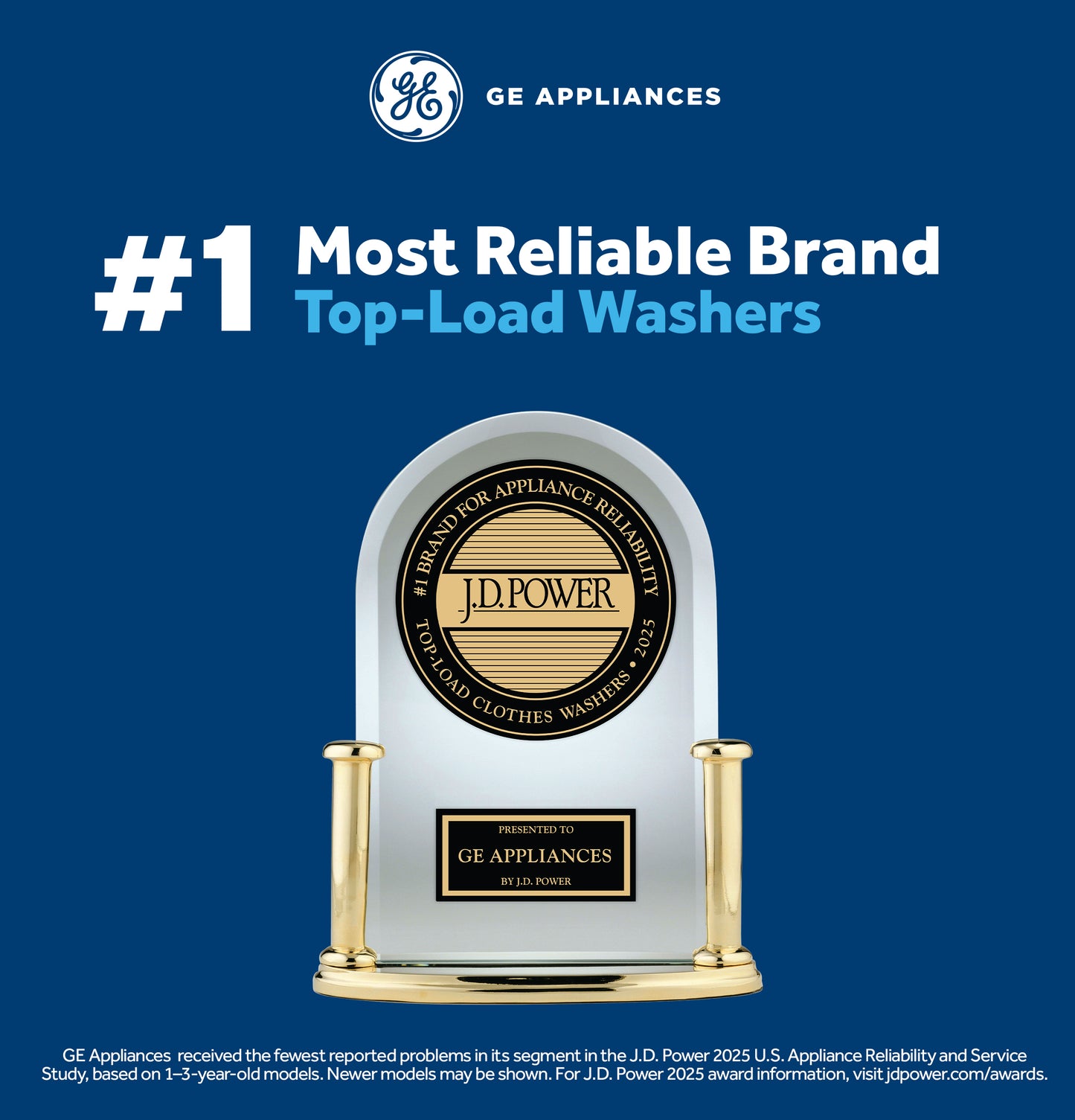 J.D. Power award trophy for most reliable top-load washers presented to GE Appliances in Appliances collection.