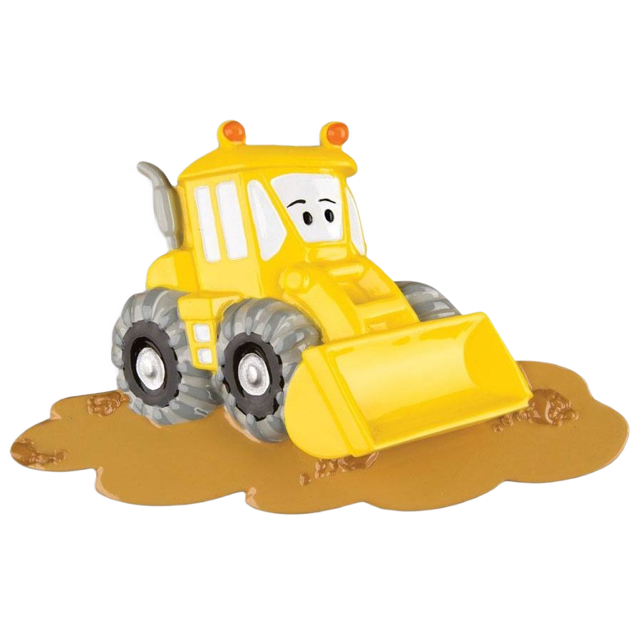 Yellow child-friendly bulldozer figurine with eyes on dirt mound for Christmas Ornaments & Tree Decorations collection under $50