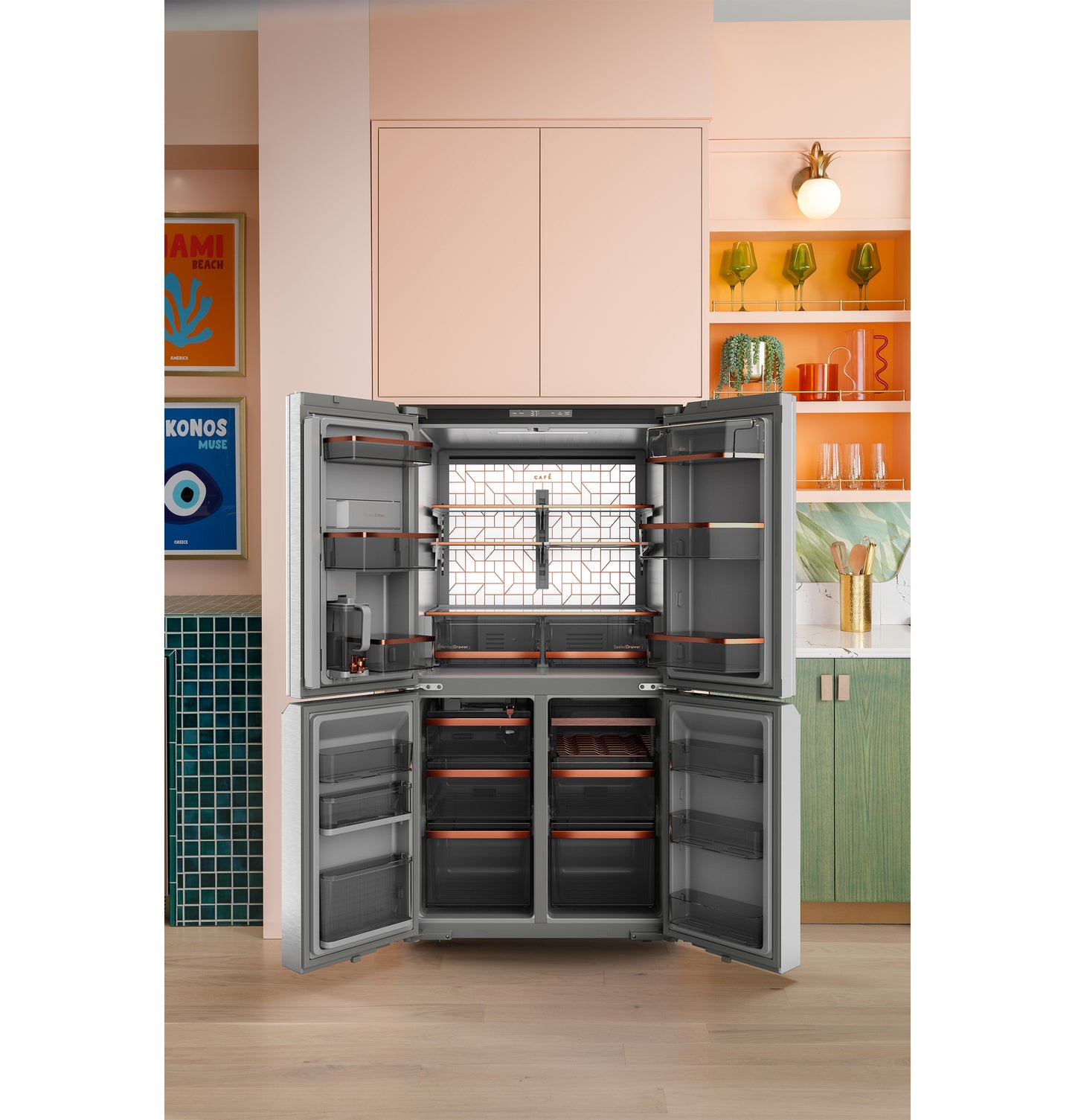 CAFÉ™ ENERGY STAR® 22.9 Cu. Ft. Smart Counter-Depth Quad-Door Refrigerator in Platinum Glass with Dual-Dispense AutoFill Pitcher