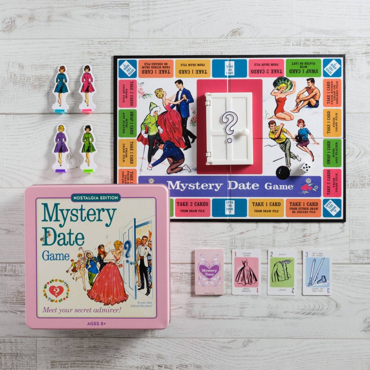 Vintage-inspired board game with colorful character pieces, cards, and decorative tin packaging for kids 8 and up games collection