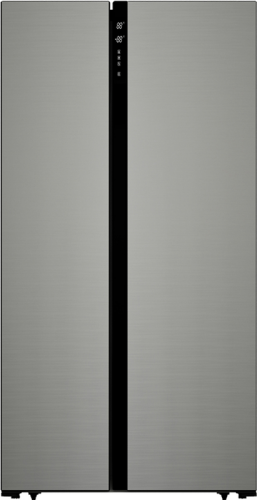 Side-by-side stainless steel refrigerator with black vertical control panel in kitchen and appliances collection