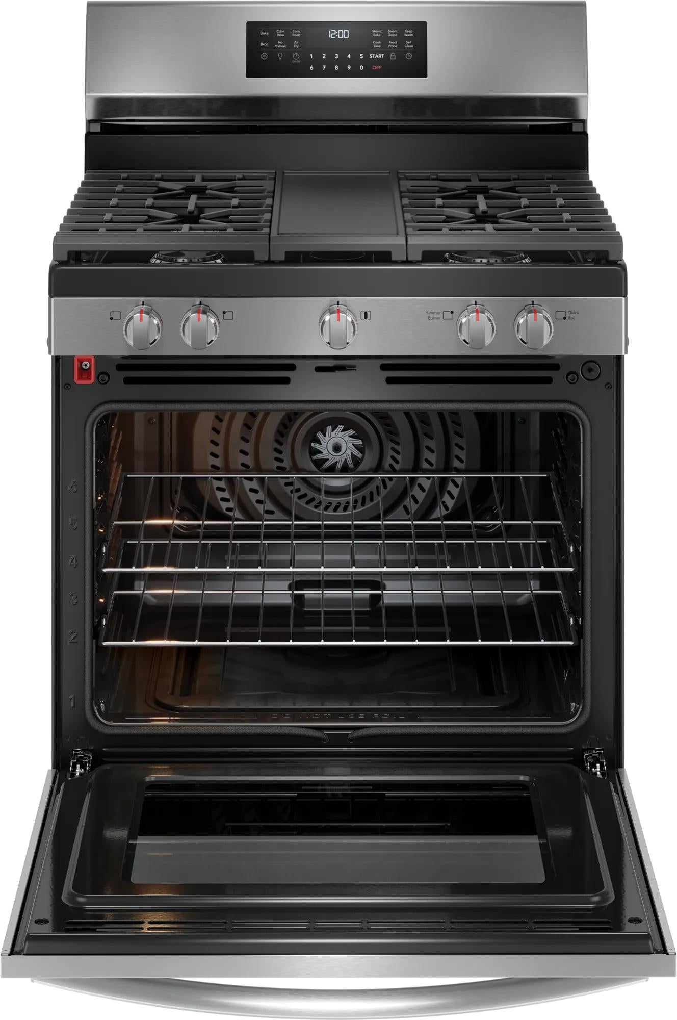 Front view of stainless steel gas range with open oven door, five burners, and digital rear control panel in kitchen appliances collection