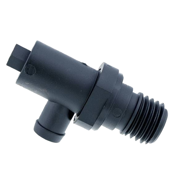 Black plastic valve component with threaded end and connector for use in machinery or home improvement applications