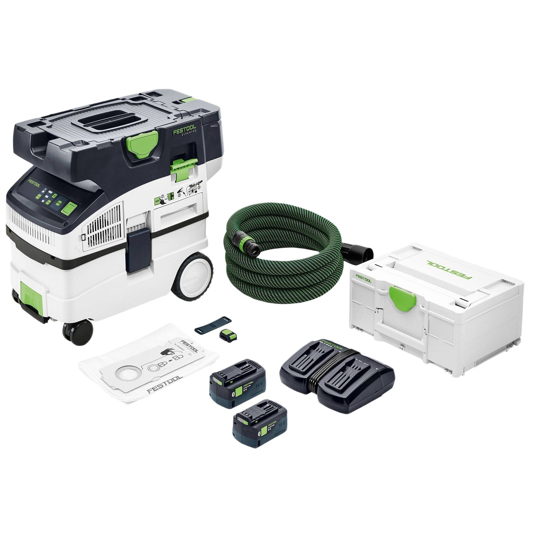 Compact cordless dust extractor with HEPA filtration, flexible hose, rechargeable batteries, and storage case for tools and home improvement.