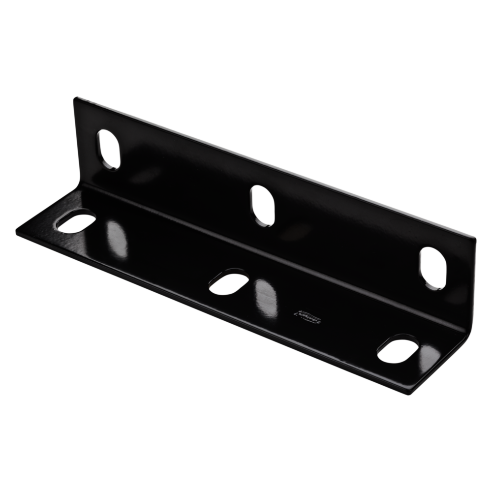 Black heavy duty wide corner brace with multiple mounting holes for reinforcing 90-degree angles in home improvement projects