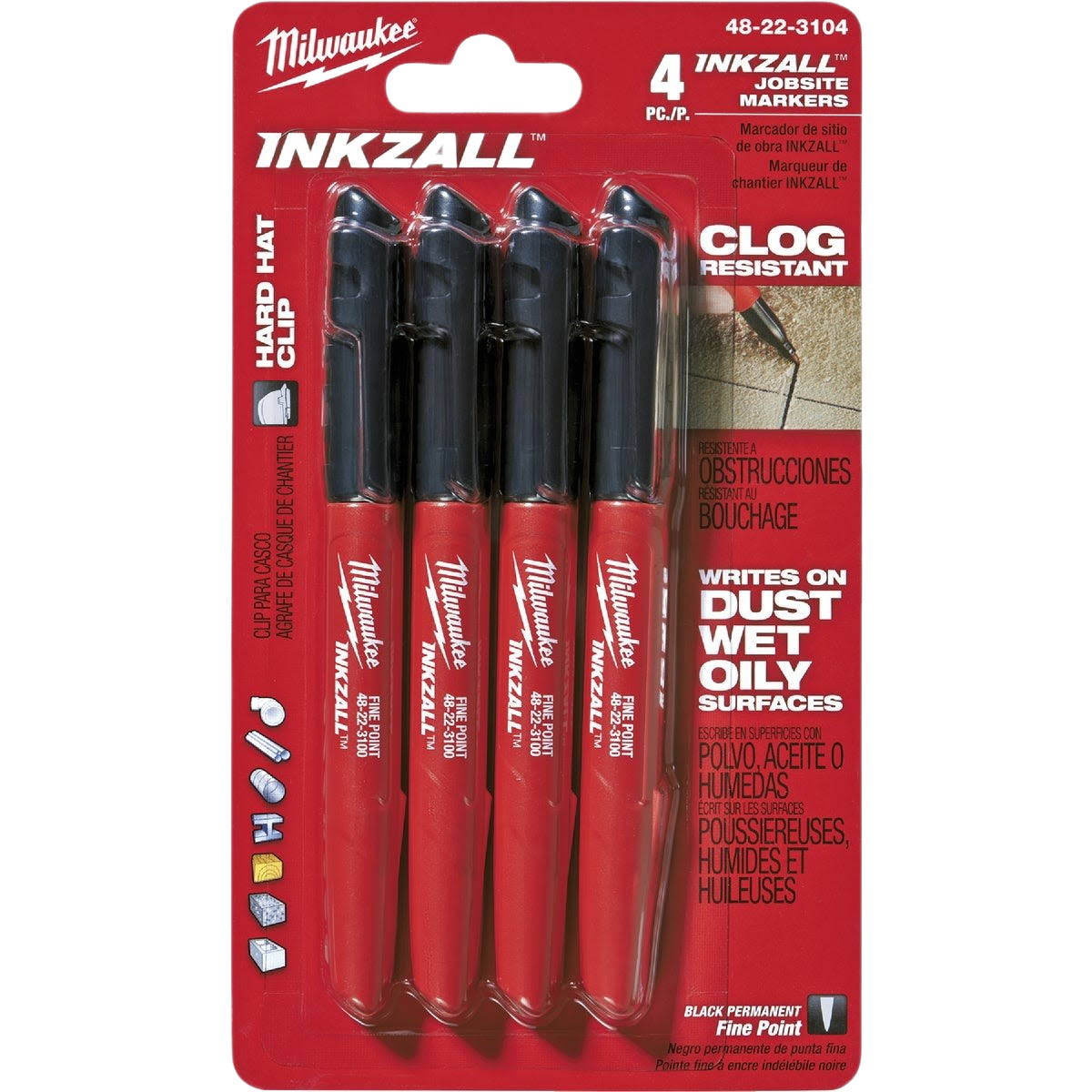 Set of four black fine point job site markers with red barrels, designed for writing on rough, dusty, wet, and oily surfaces.