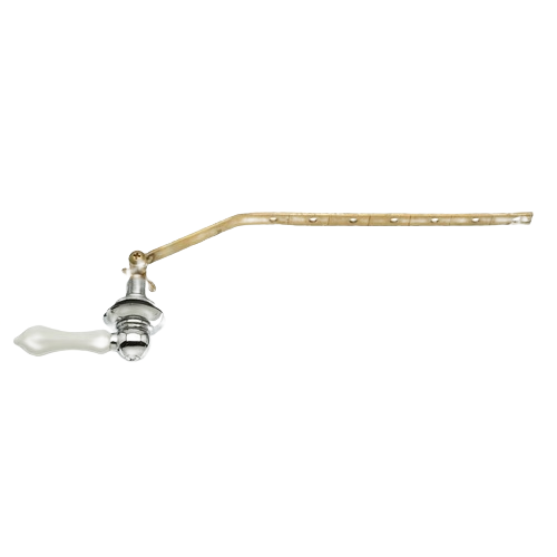 Chrome toilet flush lever with white handle and adjustable brass arm for home improvement projects