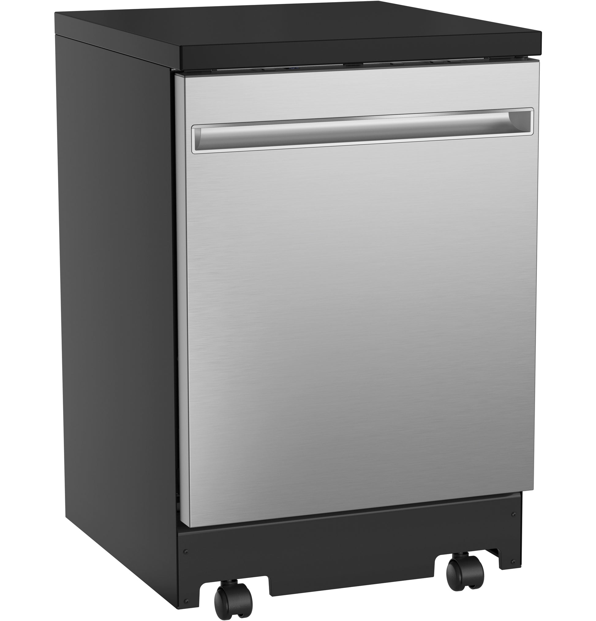 Portable dishwasher with stainless steel front and black exterior on caster wheels in Dishwashers and Kitchen collections