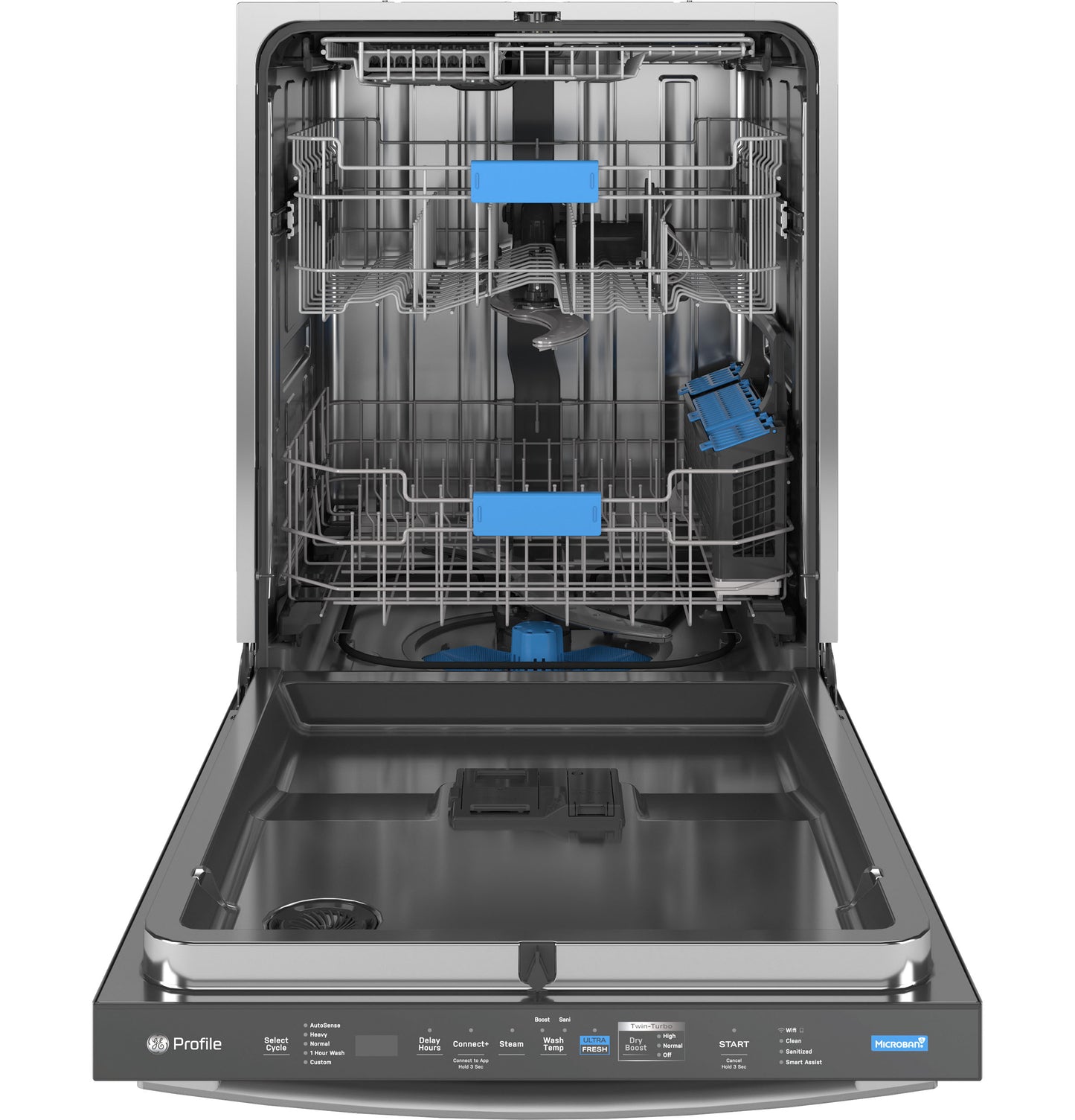 Open stainless steel dishwasher interior with upper and lower racks and utensil basket in kitchen appliances collection