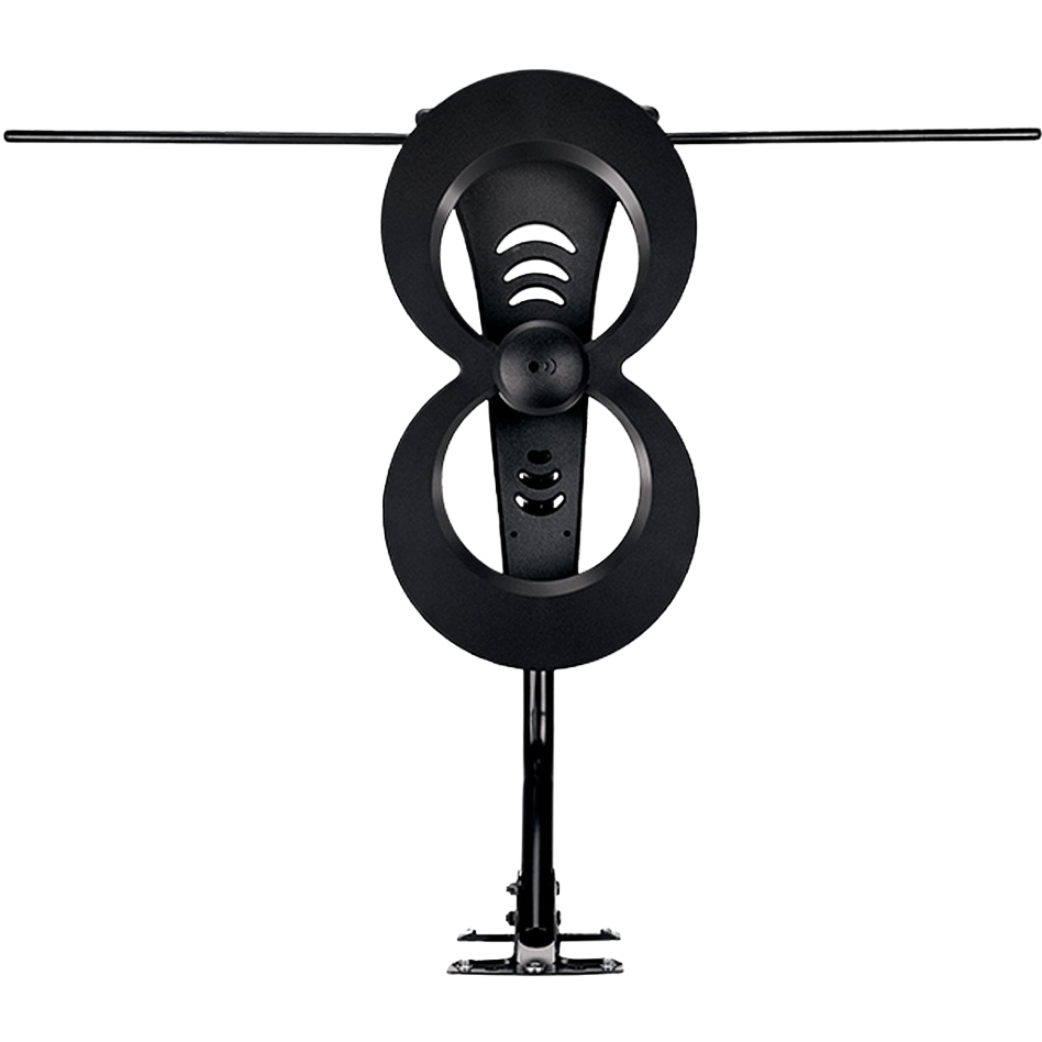 Black indoor HDTV antenna with figure-eight design mounted on adjustable mast for improved TV signal reception
