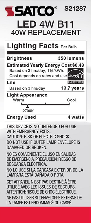 Energy Star certified LED 4 watt bulb with 350 lumens brightness and 2700K cool light for lighting and ceiling fans.