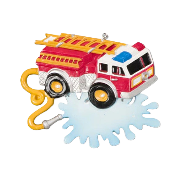 Red and white fire truck ornament with yellow hose and water splash detail in Christmas Ornaments & Tree Decorations collection