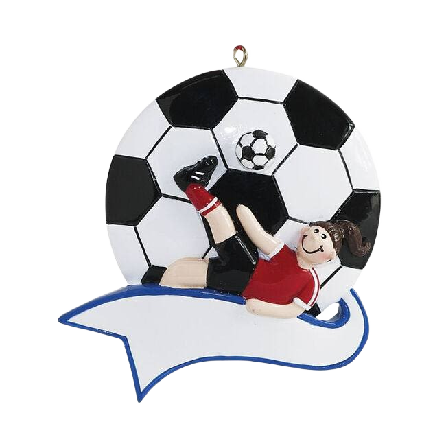 Personalized Christmas ornament featuring a girl kicking a soccer ball with space for custom text under $50 collection