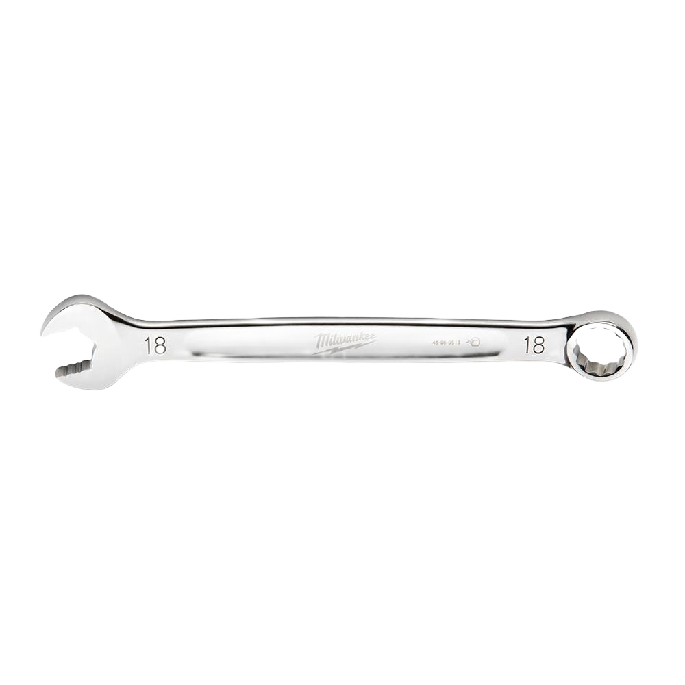 Polished steel 18-mm combination wrench with open and box ends for precision tool and home improvement use