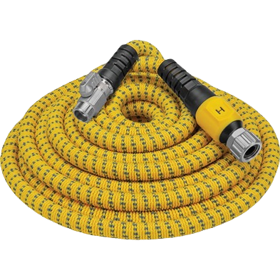 Yellow expandable garden hose with durable metal fittings designed for home improvement and outdoor tools use