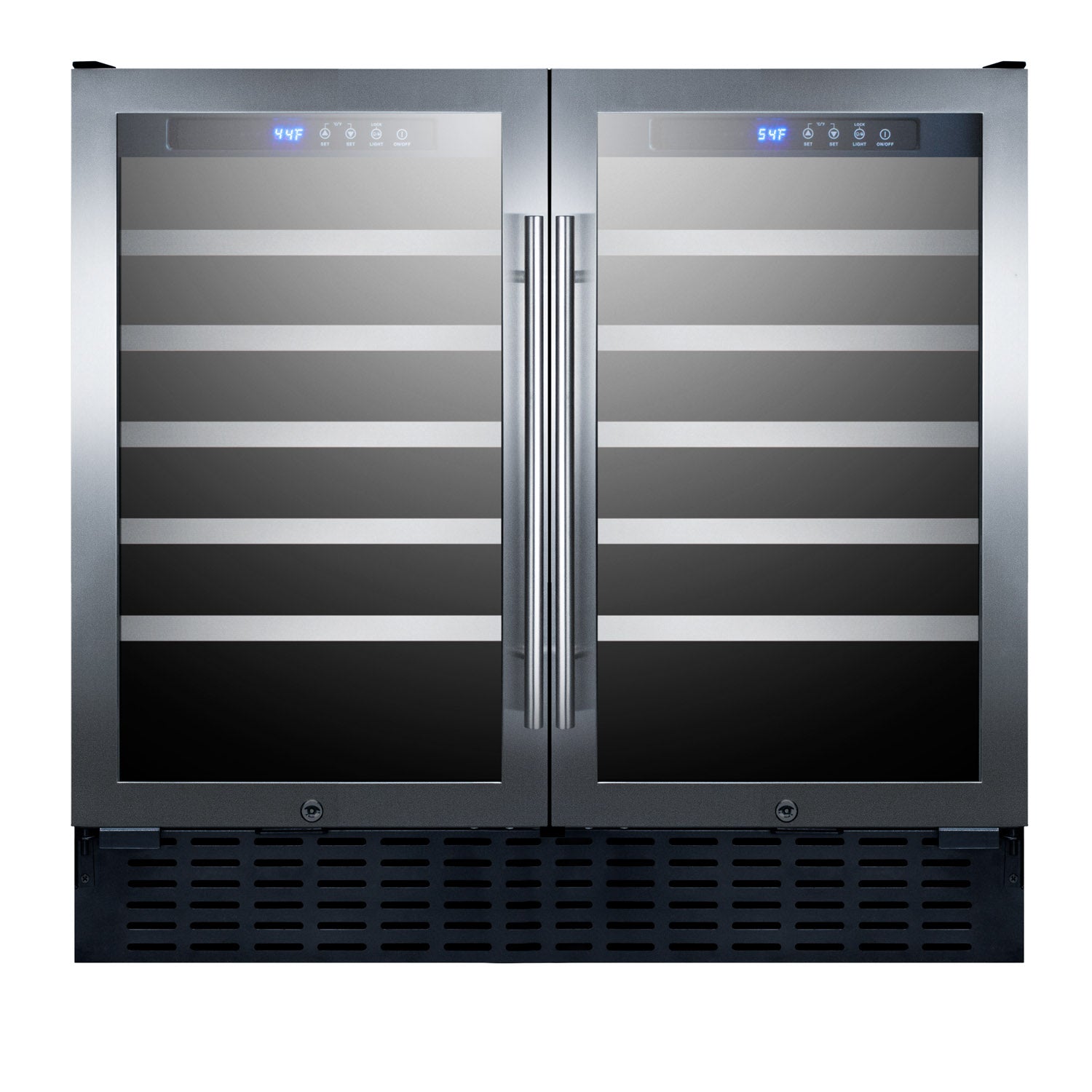 Built-in dual-zone wine cellar with stainless steel framing, glass doors, digital temperature displays, and ventilation grille