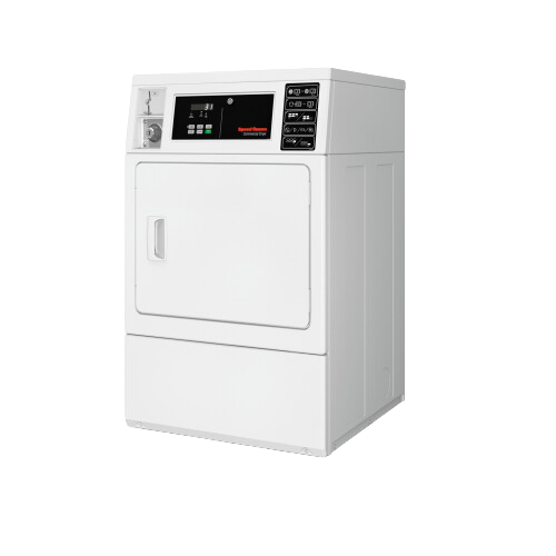 White front control electric dryer with coin drop feature suitable for commercial use in appliances and home improvement collections