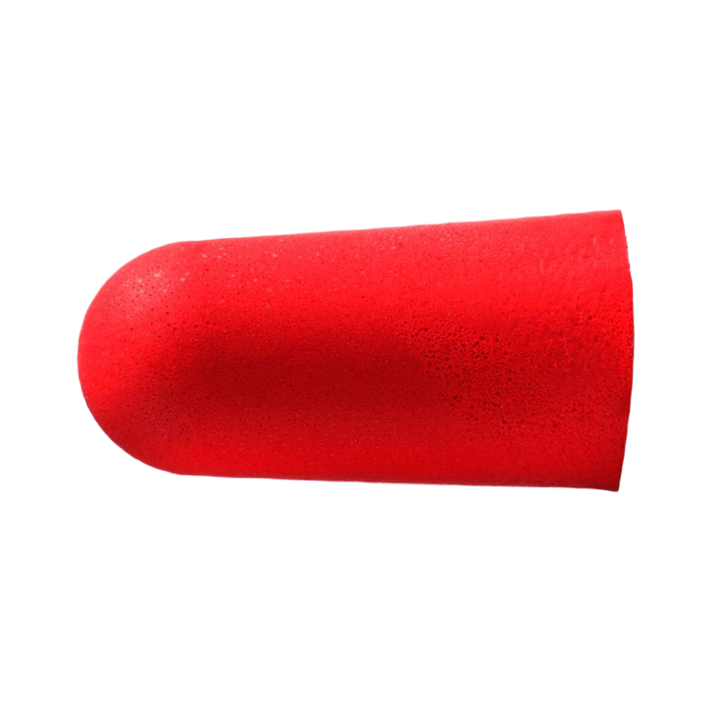 Red foam ear plug designed for hearing protection in safety gear and hardware collections under $25