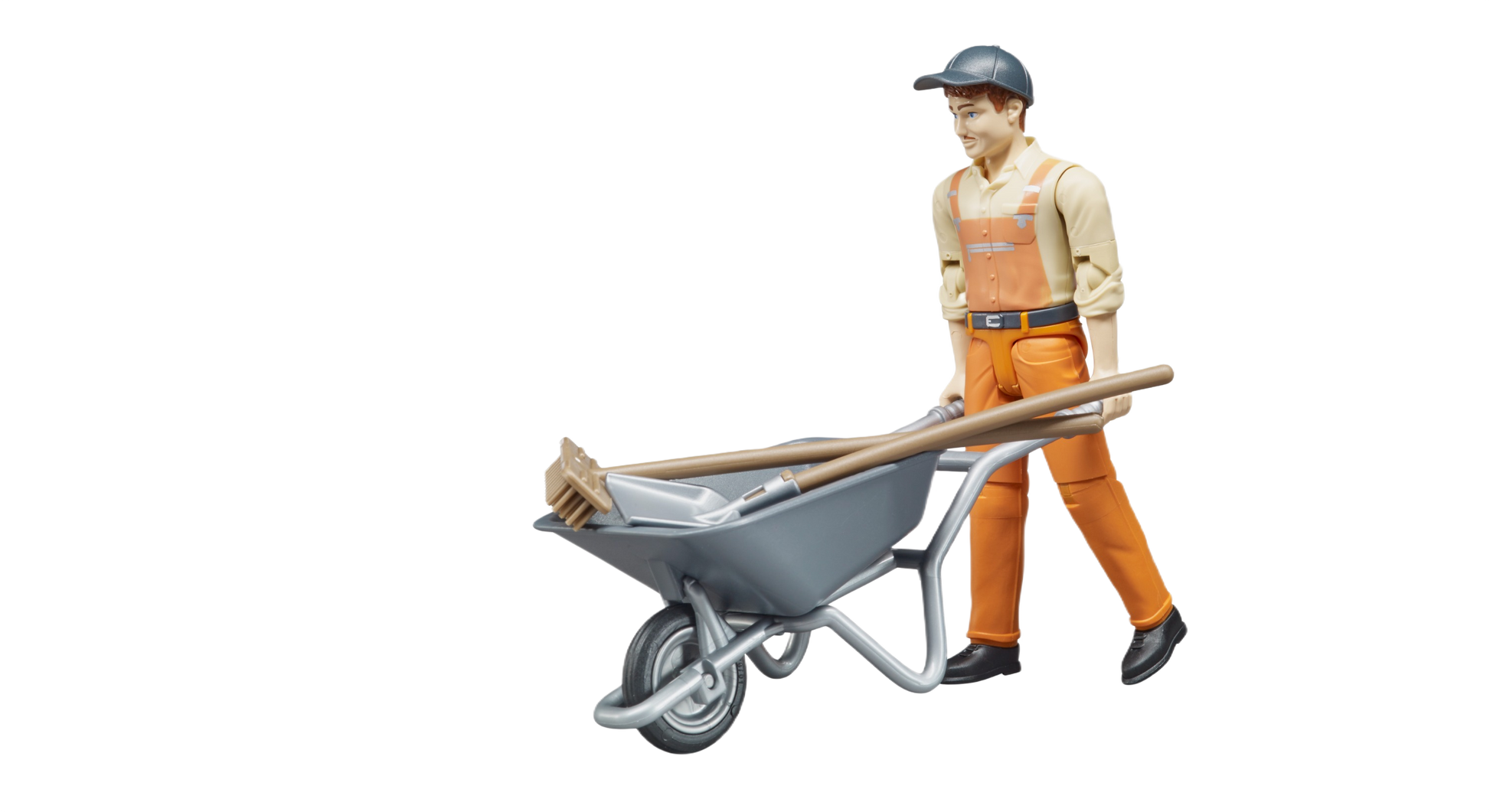 Male worker figure in orange overalls pushing gray wheelbarrow with broom and shovel handle for home improvement tasks