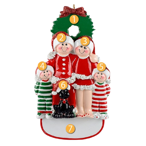 Personalized family of four figurines with black dog under green wreath for Christmas Ornaments & Tree Decorations collection