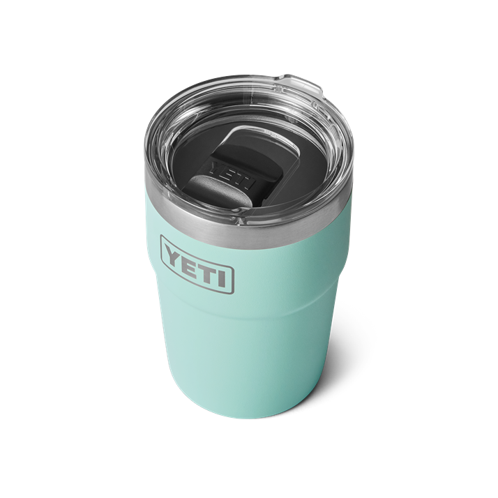 Pale turquoise insulated stackable cup with clear lid and stainless steel rim from drinkware and kitchenware collections