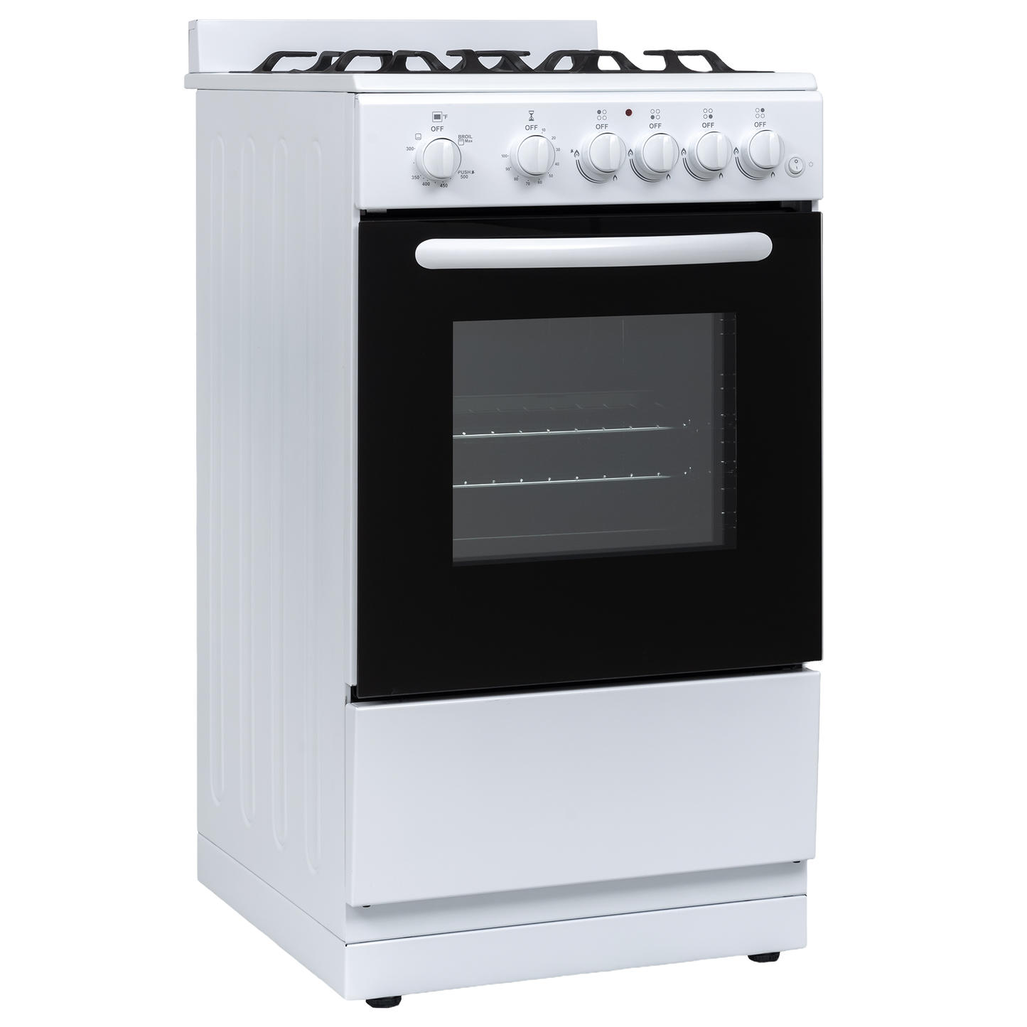 Freestanding white gas range with four burners, control knobs, and oven window for kitchen and cooking appliances collection