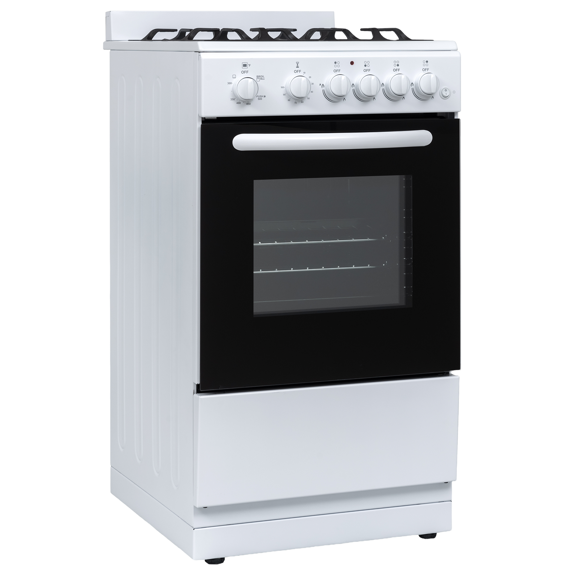 Freestanding white gas range with four burners, control knobs, and oven window for kitchen and cooking appliances collection