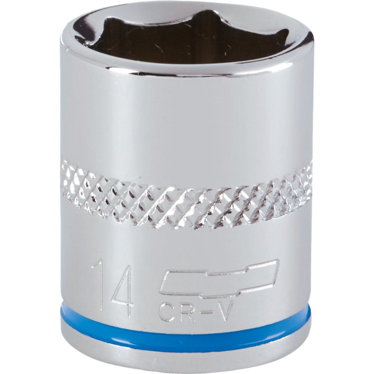 Chrome-finished 14mm shallow socket with knurled grip and blue band for easy tool identification in home improvement tasks