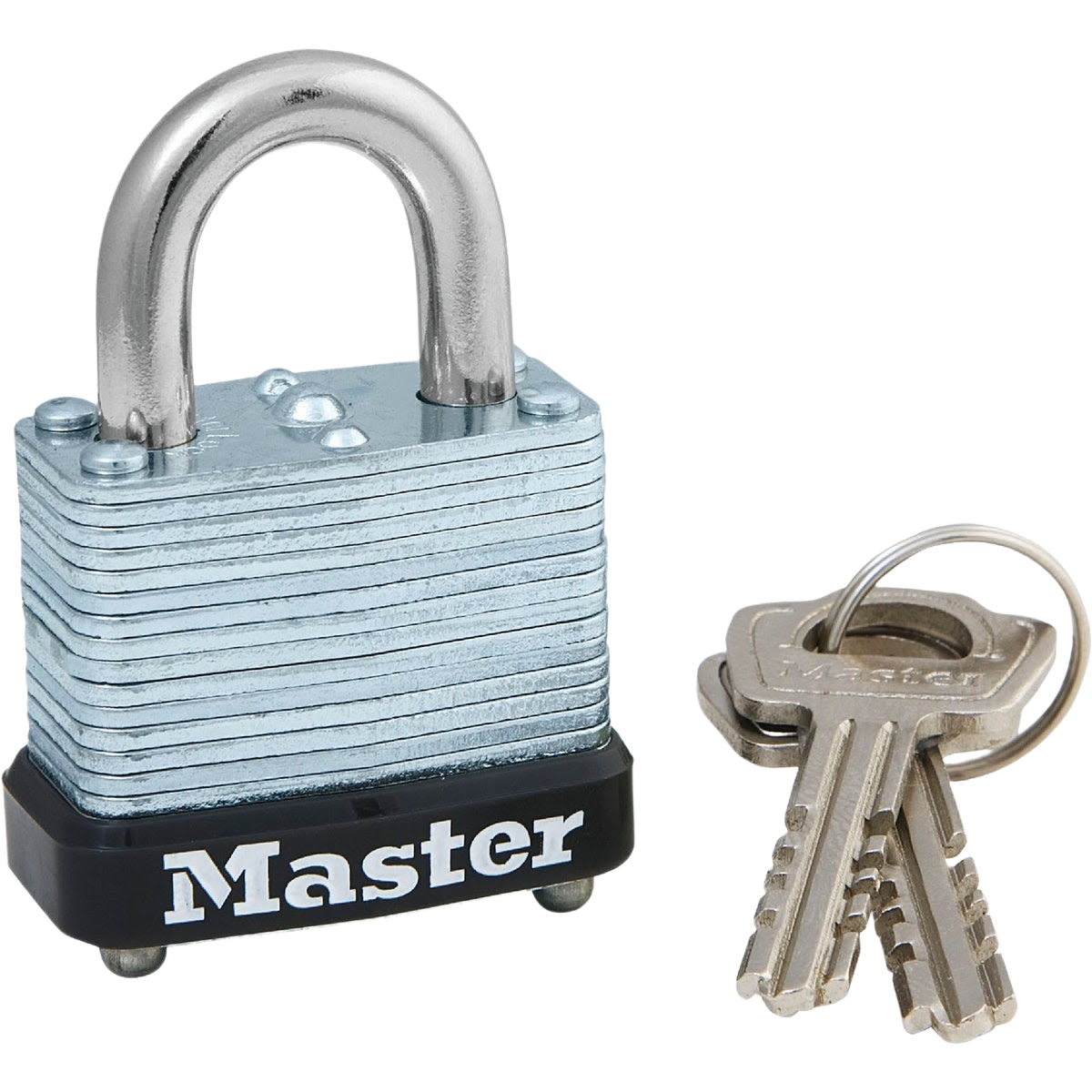 Laminated steel crowned lock with warded mechanism and set of keys for hardware and home improvement use