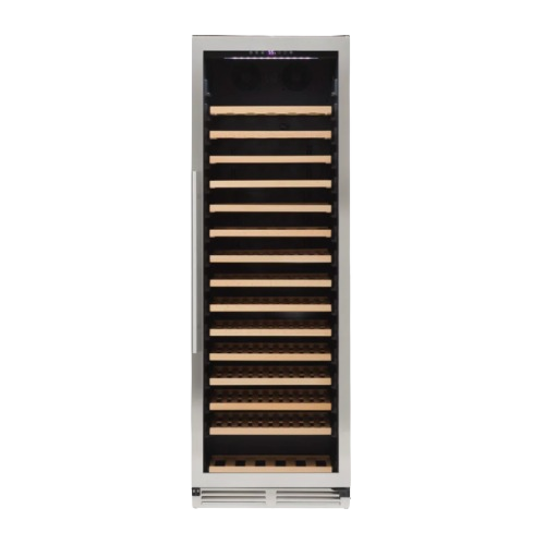 Tall stainless steel wine cooler with wooden shelves and glass door in refrigerators and kitchen appliances collection