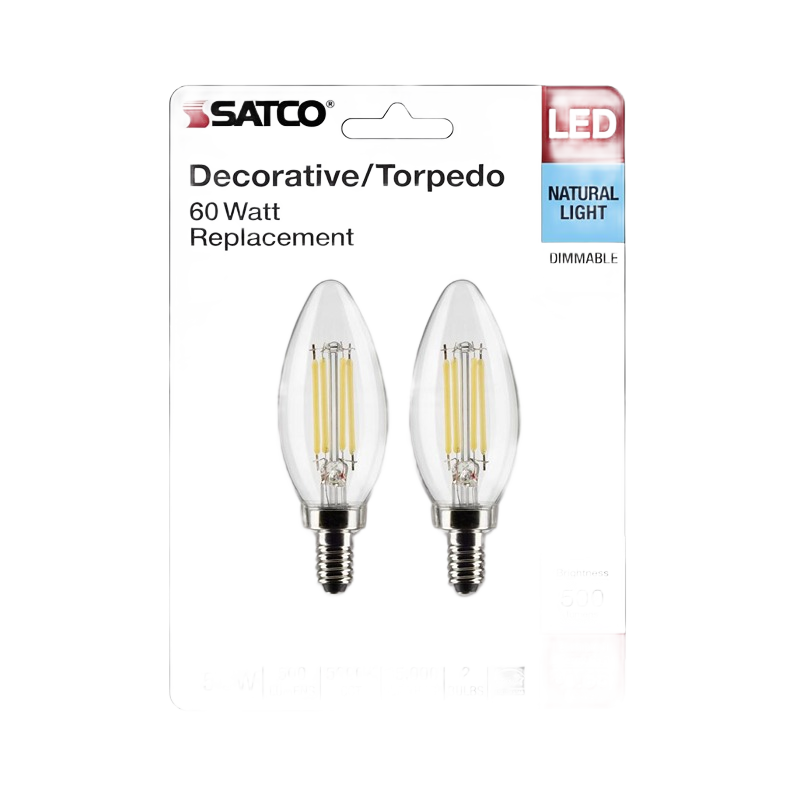 Pair of clear filament LED bulbs with candelabra base providing natural light for indoor lighting and home improvement use