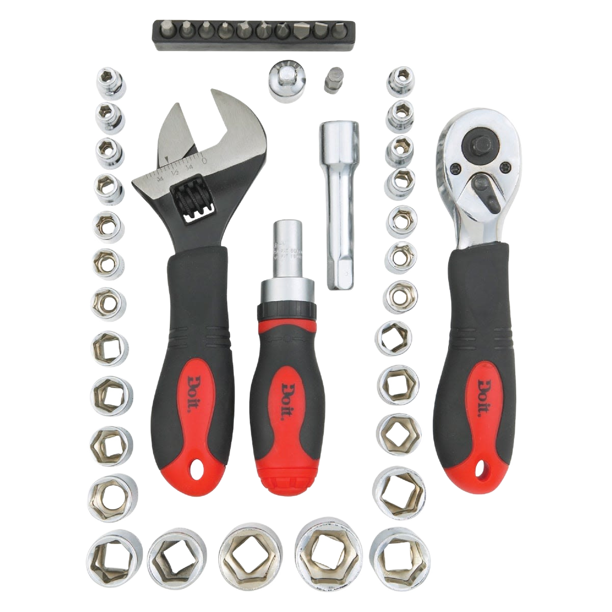 43-piece stubby socket set with chrome vanadium steel, ratchet, adjustable wrench, and screwdriver for hand tool use