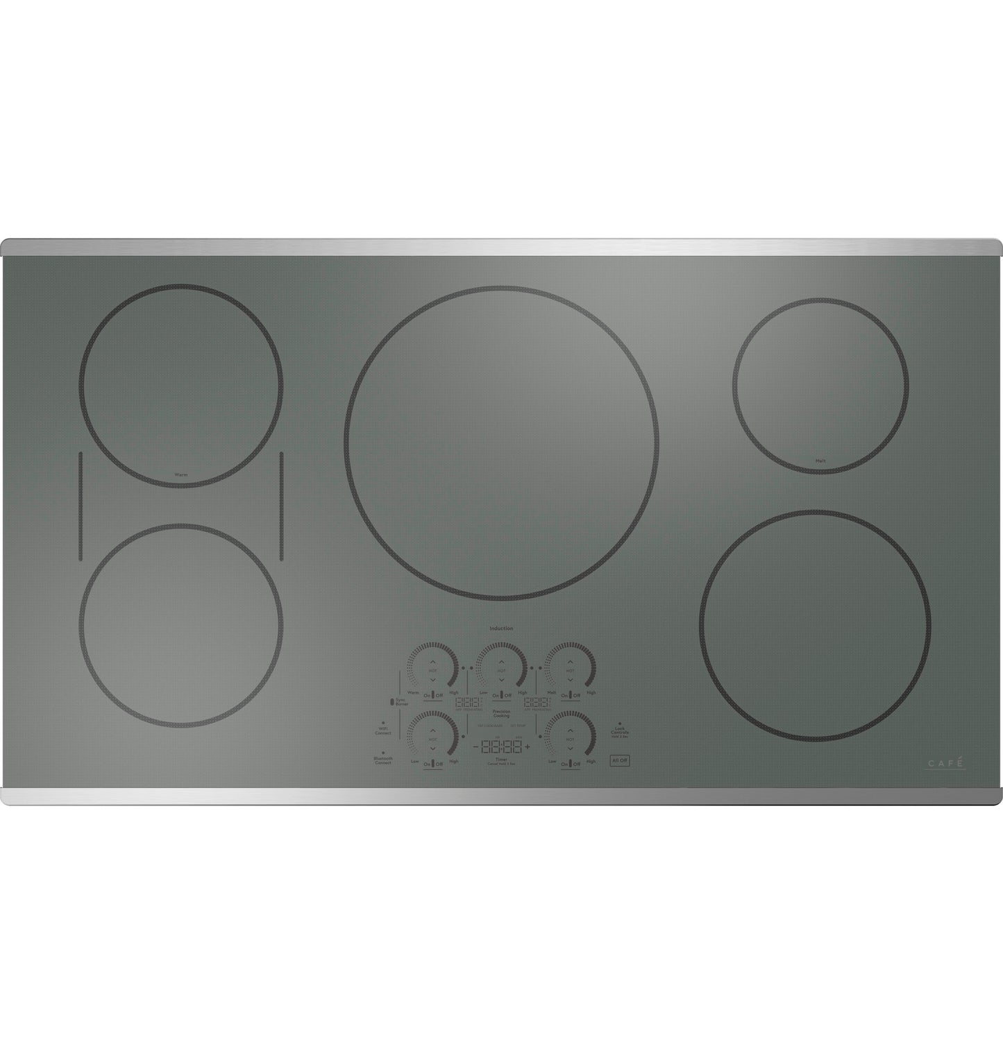 Stainless steel built-in induction cooktop with five cooking zones and touch control panel for modern kitchens