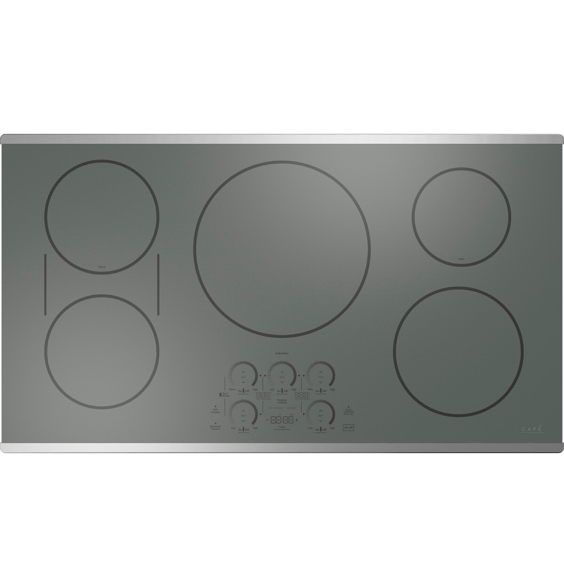 Stainless steel built-in induction cooktop with five cooking zones and touch control panel for modern kitchens